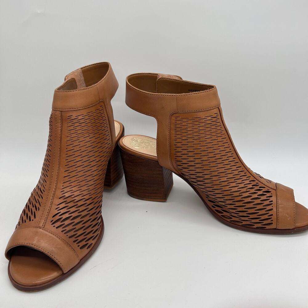 Vince Camuto Lavette Brown Perforated Peep Toe Bootie Block Heel Sandals size 9 - Picture 5 of 8